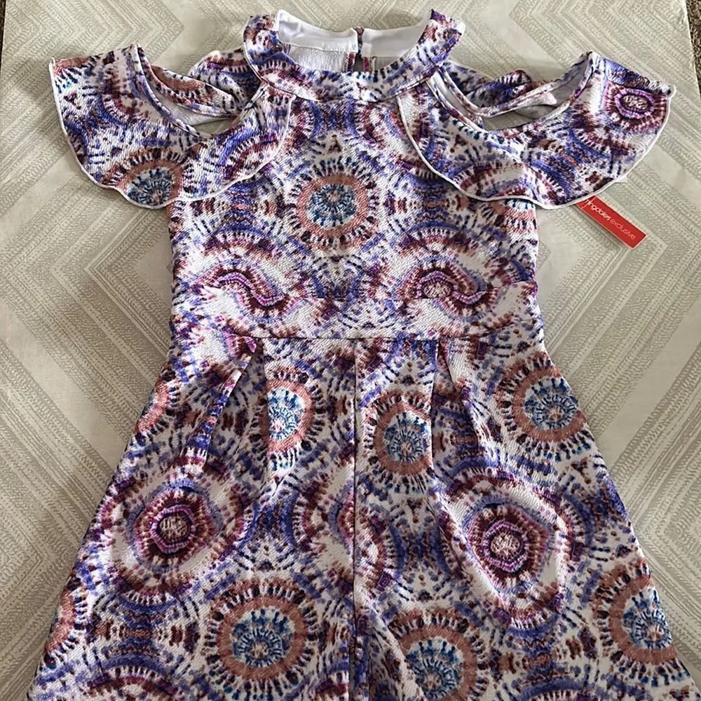 Aqua Girls Multi Color Pattern Cold Shoulder Shorts Romper